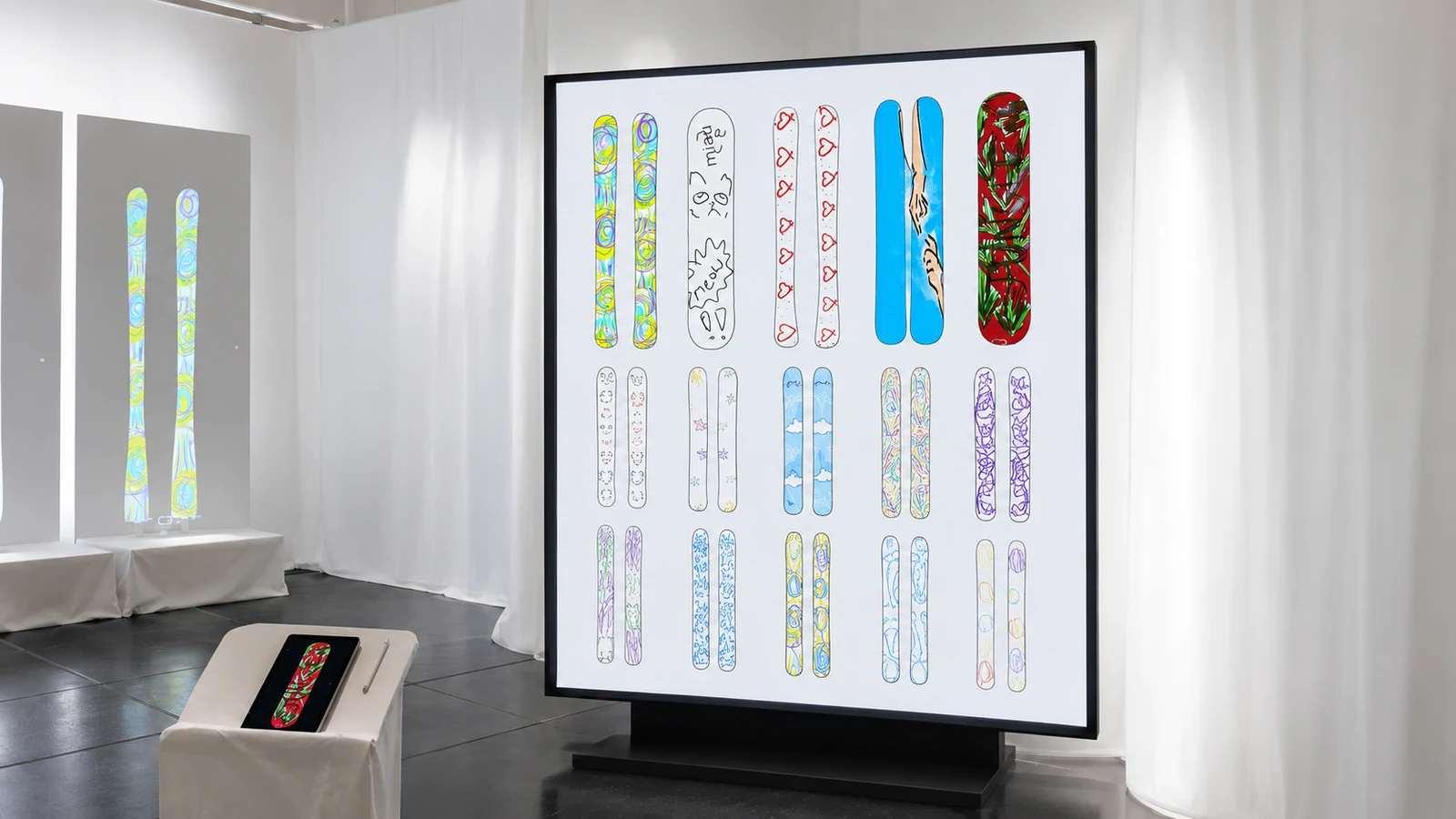 Pantalla con la galería colectiva de diseños de tablas de snowboard creados por los visitantes de FROSTline