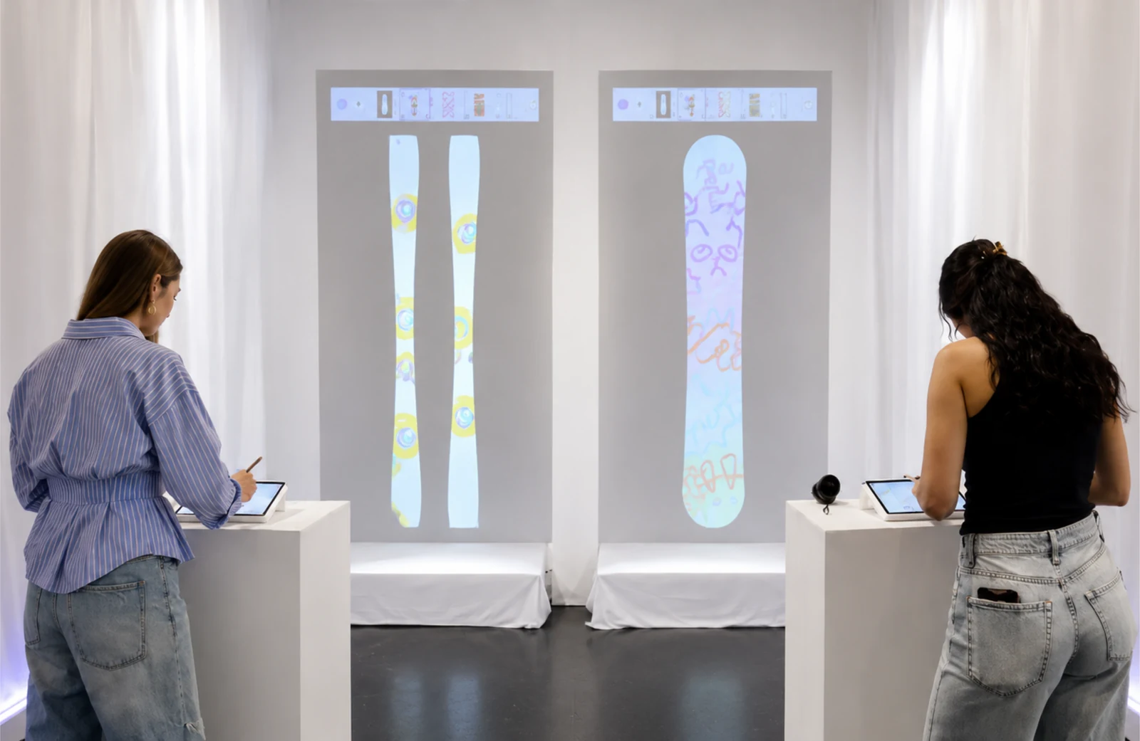 Dos visitantes diseñando en los podios interactivos de FROSTline mientras sus creaciones se proyectan en tiempo real