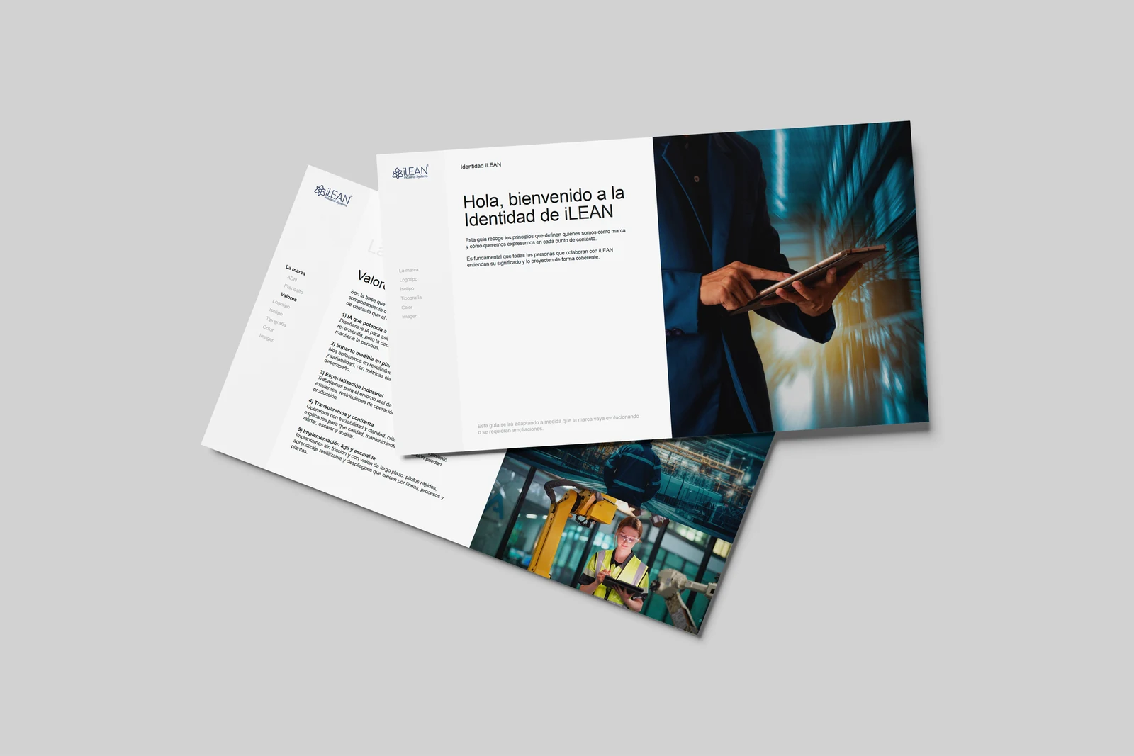 Aplicaciones del manual de marca de iLEAN con fotografías industriales y composiciones corporativas