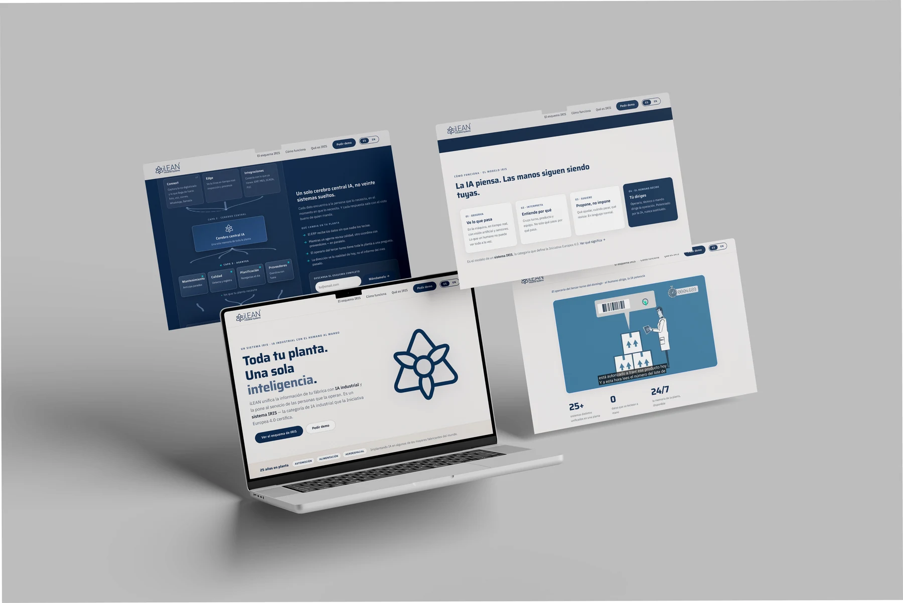 Portátil y pantallas con el diseño web de iLEAN y su isotipo en azul industrial, identidad diseñada por Paula Miralles