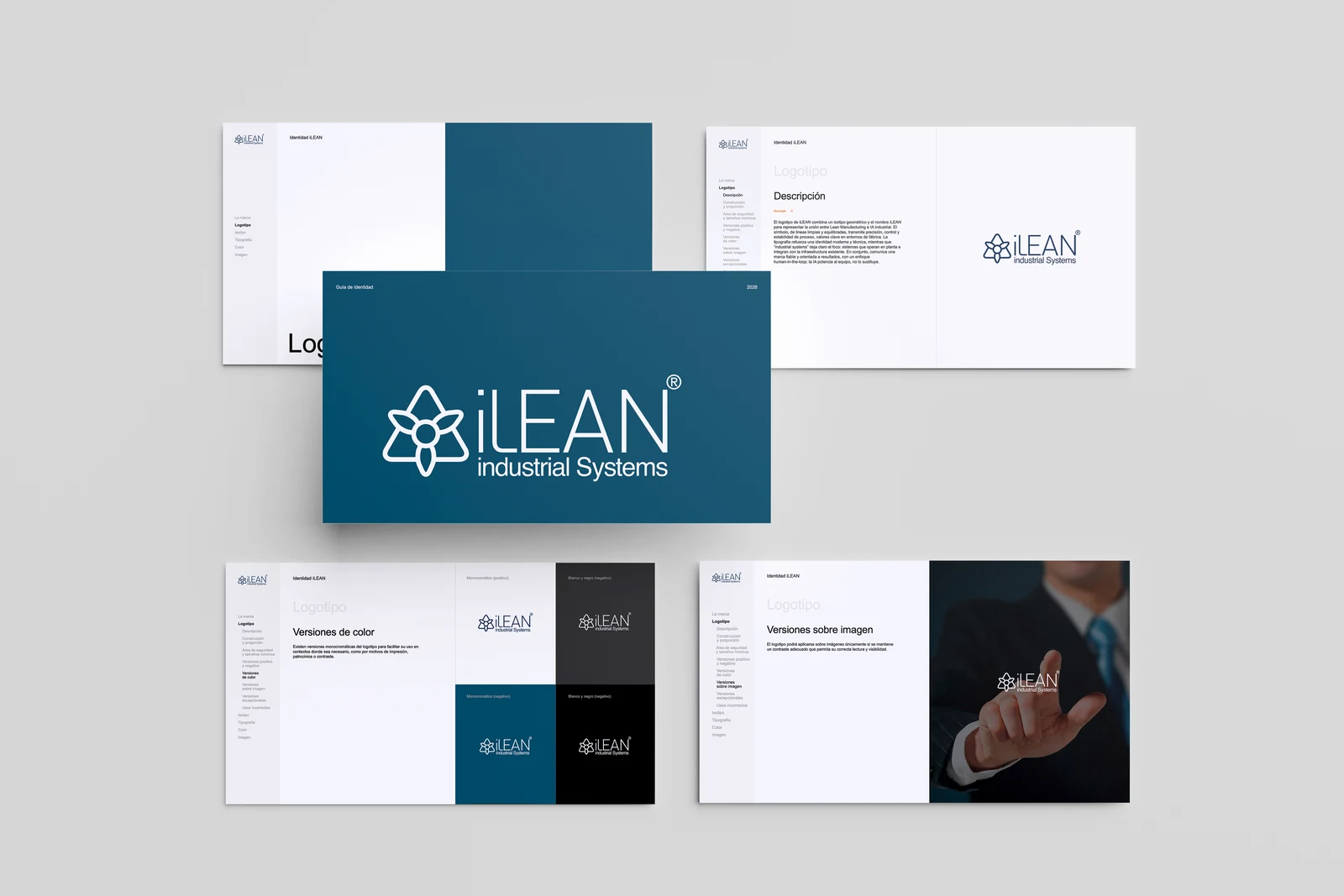 Portada y páginas del manual de identidad visual de iLEAN en azul industrial