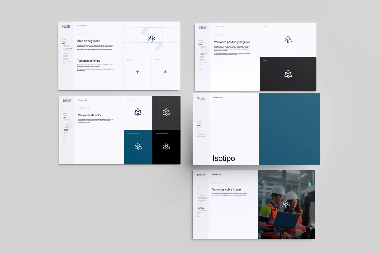 Sistema visual de la marca iLEAN: páginas del manual con la construcción del isotipo y versiones de color