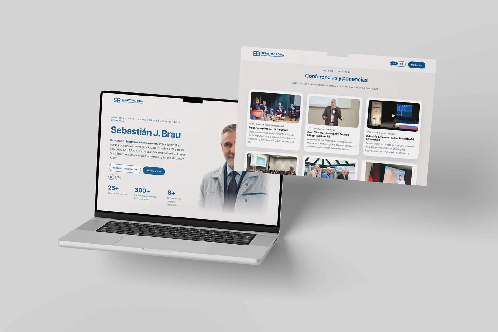 Diseño web de la marca personal de Sebastián Brau mostrado en un portátil con páginas interiores