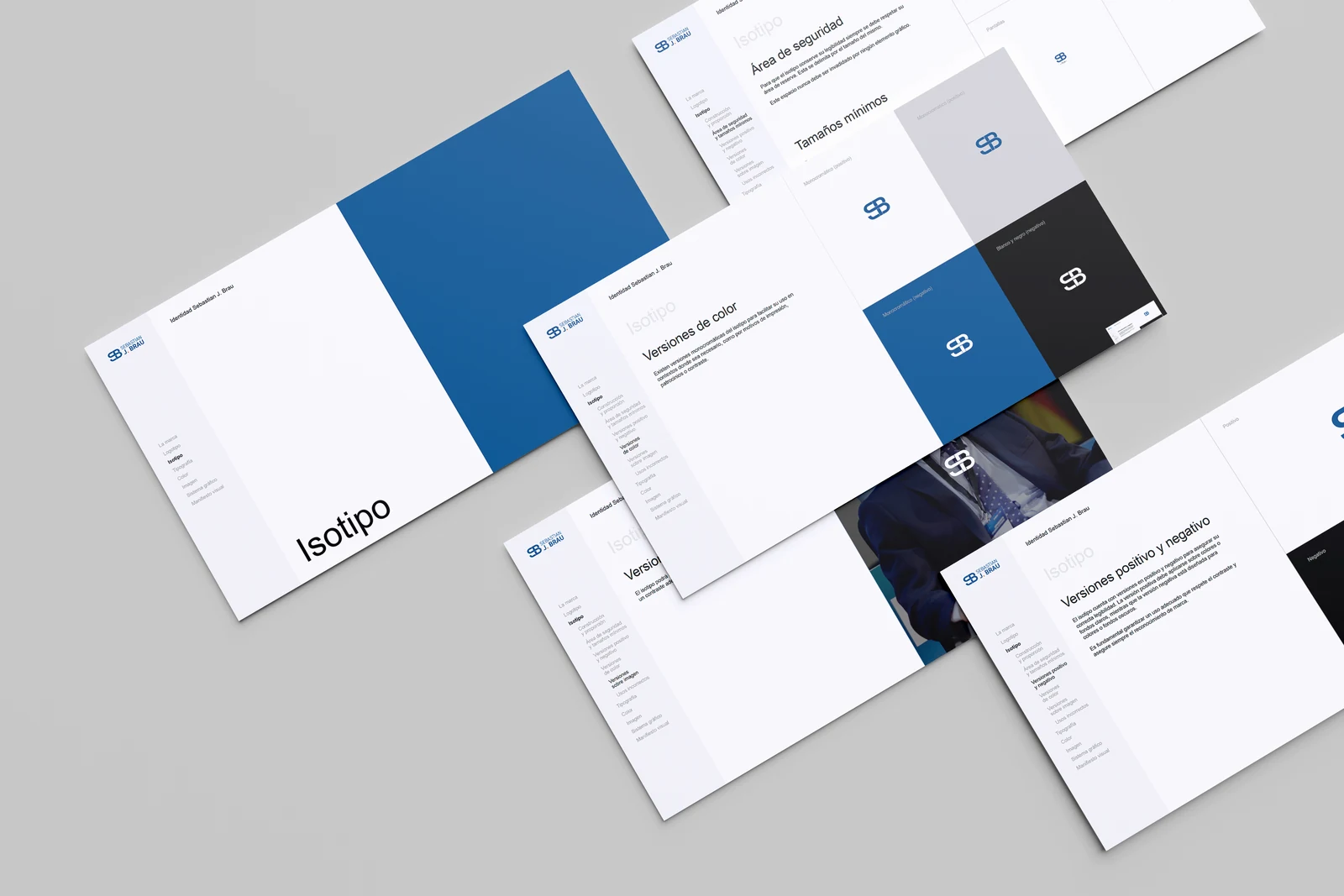 Portadas del manual de marca de Sebastián Brau en azul corporativo